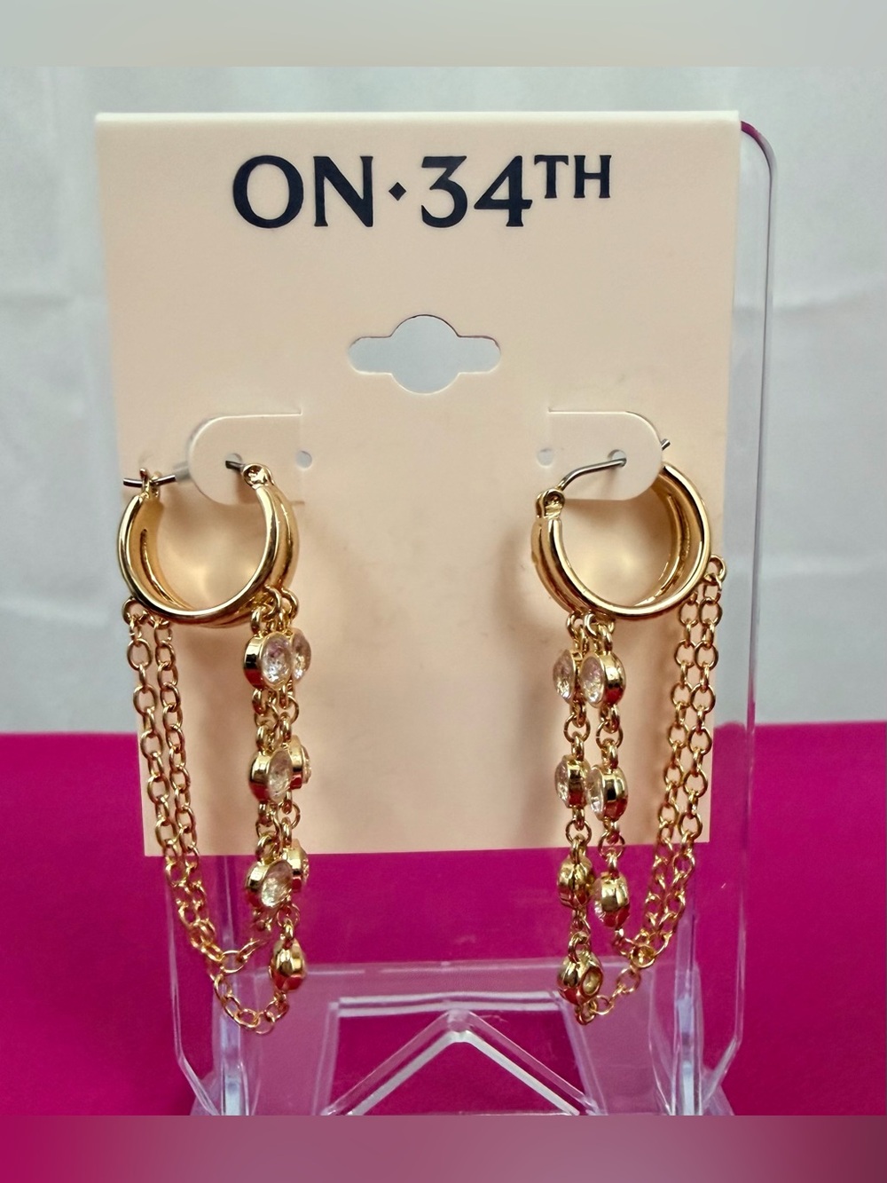 ONΒ·34TH Gold Dainty Double Hoops with 2 Crystal Encrusted Dangle Chain Accents